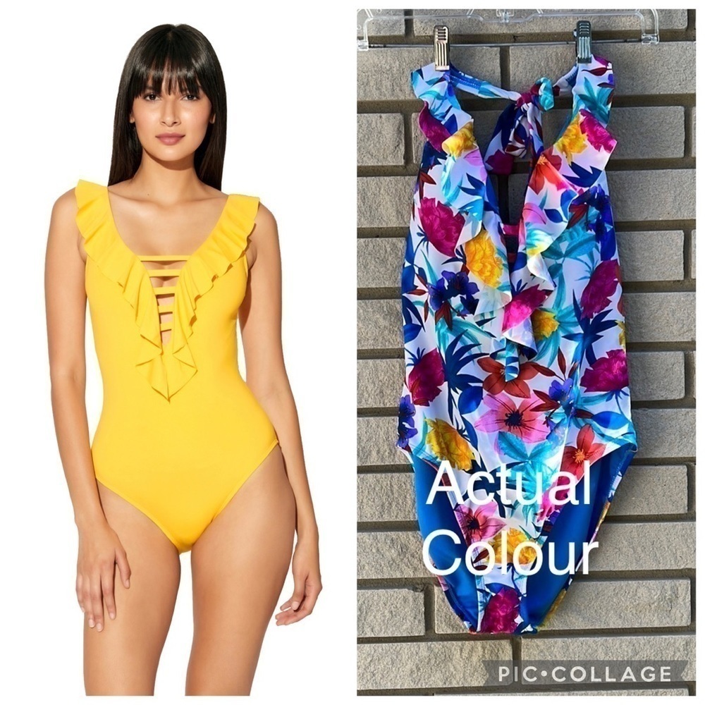Bleu Rod Beattie Ruffle Lattice Plunge One Piece Swimsuit Sz 8